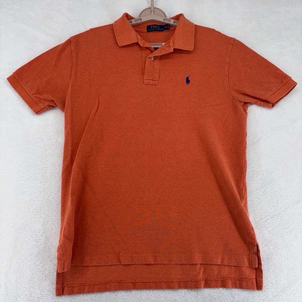 Polo Ralph Lauren Mens Orange Short Sleeve Pique Polo Shirt Size M Navy Pony